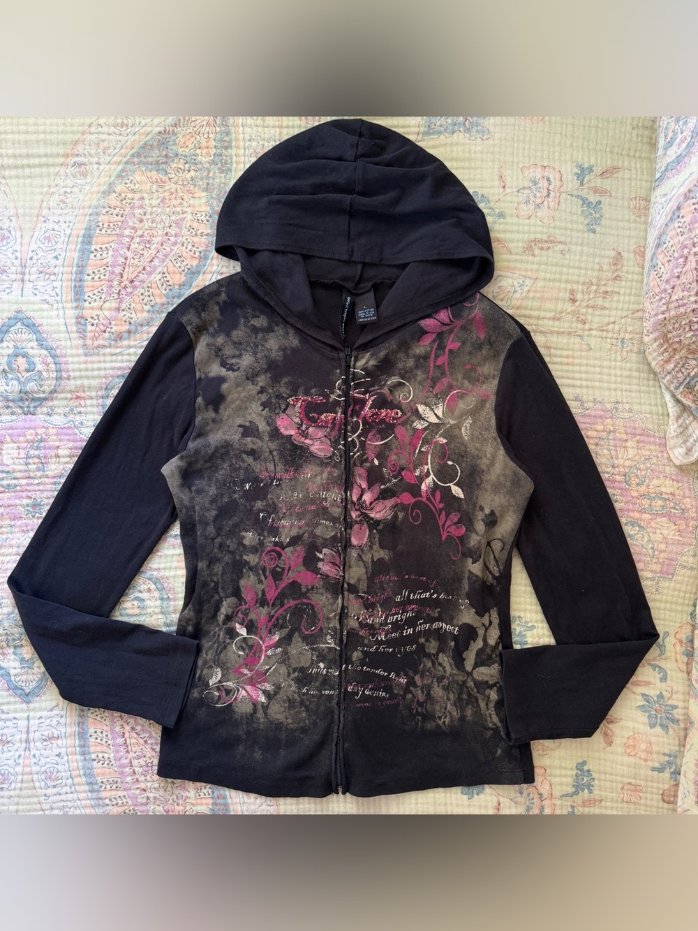 Vintage Y2K Whimsigoth Floral Rhinestone Full Zip Up Hooded L Fairy Grunge